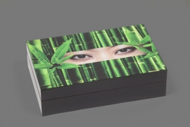 Lacquer rectangle box with printed bamboo & eyes 